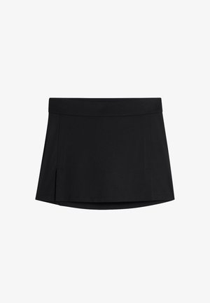 Jupe-short noire en tissu lisse et extensible. Dotée d'une taille large, d'un design plissé et d'un ourlet arrondi. Idéale pour les activités physiques.