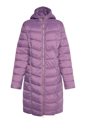 Long puffy coat in light purple, featuring a hood, vertical stitch pattern, and a gold zipper down the front. Smooth outer texture.
