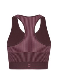 Donker bordeauxrood en lichtroze geribbelde sportbeha met een racerbackontwerp en een gestructureerde band. Bevat een logo in het midden van de band.