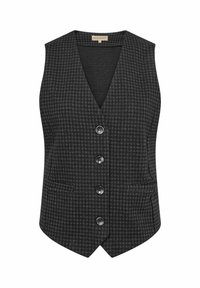 Gray patterned vest featuring a V-neck, five buttons, and two front pockets. Made from a textured fabric with a subtle houndstooth design.