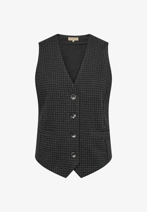 Pilkas raštuotas liemeniuotas švarkas su V formos kaklu, penkiais mygtukais ir dviem priekiniais kišenėmis. Pagamintas iš tekstūruoto audinio su subtiliu dėmėto šuns danties raštu.