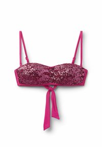Rosa paljetterad bikiotopp med en strapless-design, justerbara axelremmar och knytning i mitten. Slät tyg med blanka accenter.