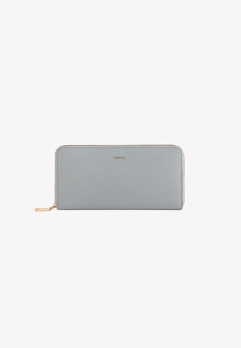 Light gray leather wallet with a textured surface, gold branding on the front, and a zip-around closure. Smooth, minimalist design.
