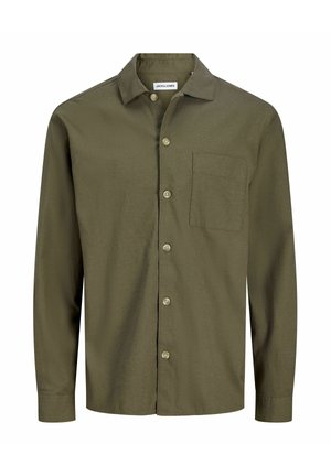 Olivgrünes Hemd mit Knöpfen aus weichem Stoff, mit umklappbarem Kragen, Brusttasche und fünf Knöpfen vorne.