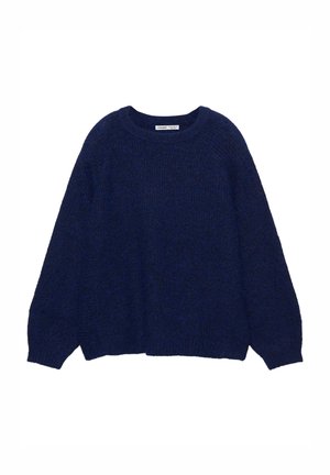 Laivastonsininen neulepaita, jossa on pyöreä pääntie, lasketut olkapäät ja rento istuvuus. Pehmeä rakenne, jossa resorit helmassa ja hihansuissa.