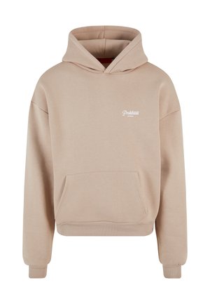 Béžová mikina s kapucí vyrobená z měkké tkaniny. Obsahuje přední kapsu, vroubkované manžety a mírně zkrácený střih. Vyšívaný text na hrudi.