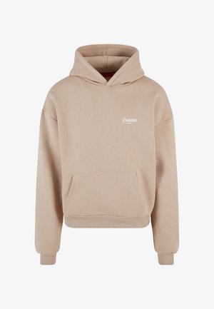 Beige hoodie made of soft fabric. Features a front pocket, ribbed cuffs, and a slight crop. Embroidered text on the chest.