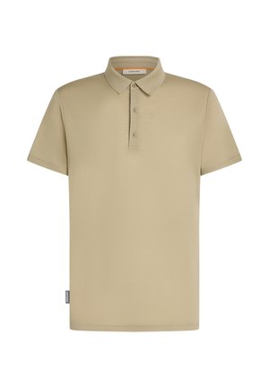 Beige short-sleeve polo shirt with three-button placket and small side tag, displayed on a white background.