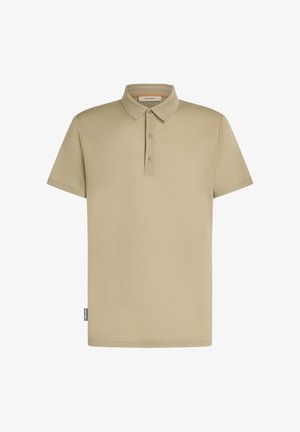 Beige short-sleeve polo shirt with three-button placket and small side tag, displayed on a white background.