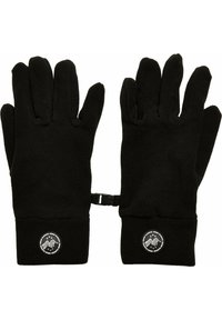 Mustad fleece kinnased, mille varruka ääres on ümmargune logo. Kinnastel on viis sõrme, tekstuuriga kangas ning randmete vahel turvapael.