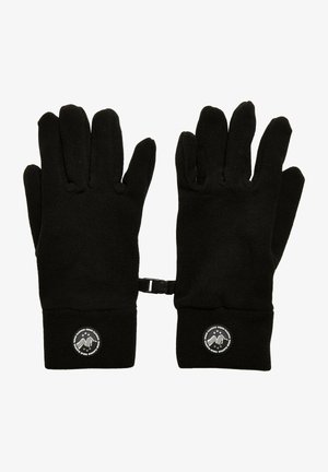 Sorte fleece handsker med et rundt logo på manchetten, fem fingre, tekstureret stof og en fastgøringsrem mellem håndleddene.