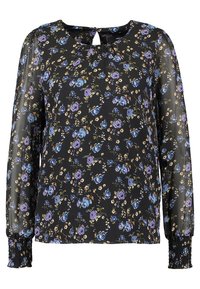 Blusa nera a maniche lunghe con polsini arricciati, scollatura a chiave e un motivo floreale in viola, blu e beige.
