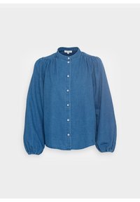 Blusa in denim con collo rotondo, maniche lunghe a palloncino e chiusura con bottoni davanti. Il colore è blu medio con una texture liscia.