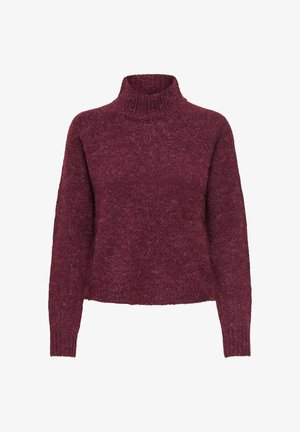 Burgundijas krāsa turtleneck džemperis ar teksturētu adījumu, īsa piegriezuma un garām piedurknēm. Mīksts materiāls ar pūkainu izskatu un minimālistisku noformējumu.