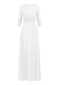 Witte jurk met een kanten lijfje met driekwartmouwen, een getailleerde taille en een vloeiende rok. Zachte textuur met details in bloempatronen.