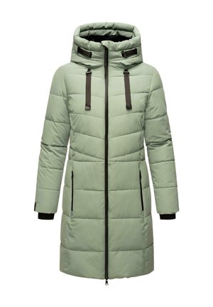 Padded coat w jasnym zielonym kolorze, z wysokim kołnierzem, ciemnym zamkiem błyskawicznym i paskami, z bocznymi kieszeniami i czarnymi akcentami na rękawach.