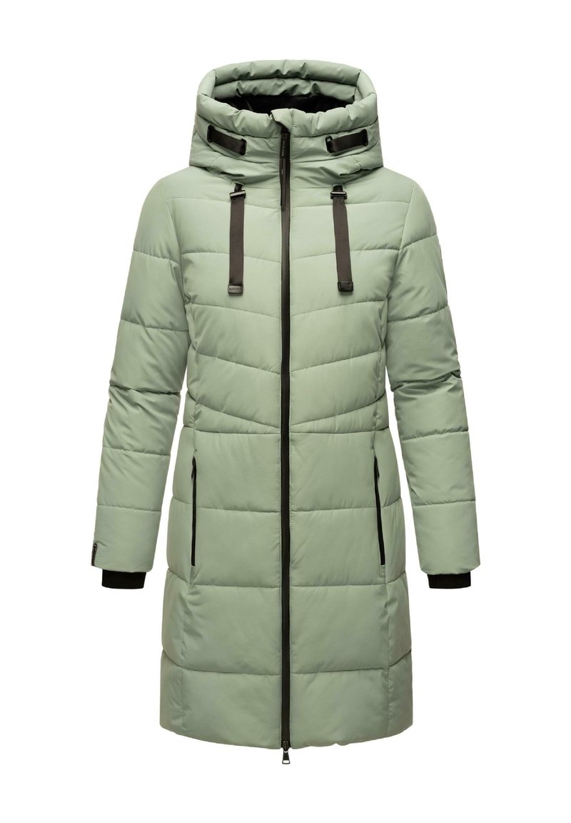 Padded coat v svetlo zeleni barvi, z visokim ovratnikom, temnim zadrgo in trakovi, stranskimi žepi ter črnimi detajli na rokavih.
