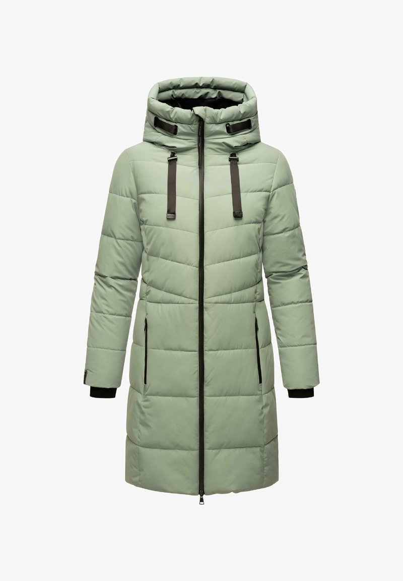 Gepolsterter Mantel in Hellgrün mit hohem Kragen, dunklem Reißverschluss und Riemen, seitlichen Taschen und schwarzen Akzenten an den Ärmeln.