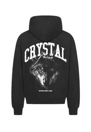 Felpa nera con cappuccio caratterizzata da un grande graficone bianco di un volto di lupo e testo "CRYSTAL Paris" sul retro. Tessuto misto cotone, vestibilità rilassata.
