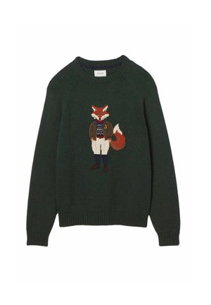 Dark green sweater with a detailed fox wearing a jacket, sweater, pants, and shoes knitted on the front center.