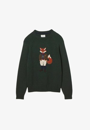 Dark green sweater with a detailed fox wearing a jacket, sweater, pants, and shoes knitted on the front center.