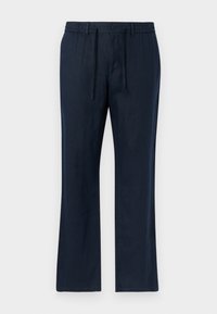 Pantalon droit bleu marine avec taille élastique, cordon de serrage, fermeture par bouton et passants pour ceinture sur un fond uni.
