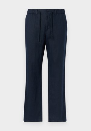 Temno modre naravnost krojene hlače z elastičnim pasom, vrvico za zavezovanje, gumbnim zapiranjem in zankami za pas na enostavni podlagi.