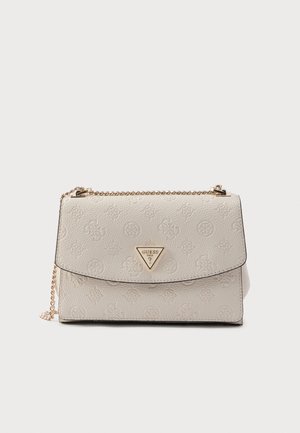 Borsa a mano in pelle bianca con motivo in rilievo, dettagli in oro e tracolla a catena. Patta pieghevole con dettaglio logo a forma di triangolo.