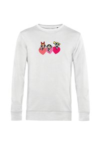 Felpa bianca con maniche lunghe caratterizzata da una grafica di tre personaggi dei cartoni animati all'interno di cuori, uno rosso, uno rosa e uno blu.