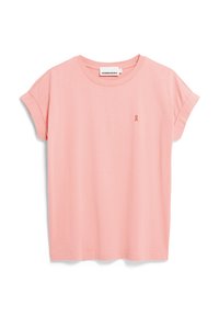 Rosa bomullströja med uppvikta korta ärmar och rund halsringning, med en liten broderad banddetalj på bröstet.