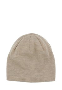 Beige knitted hat with ribbed texture, rounded top, and subtle seam detail. Fabric appears soft and stretchy for comfort.