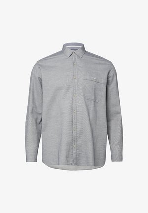 Langärmeliges Hemd mit Knopfleiste aus hellgrauer Baumwolle mit dezentem Streifenmuster, aufgesetzter Brusttasche und abgerundetem Saum. Mit klassischem Kragen.