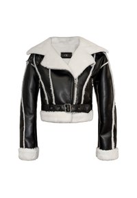 Giacca cropped in pelle nera con colletto e polsini in pelliccia sintetica bianca, dotata di vita con cintura e tasche con zip, con cuciture bianche a contrasto.