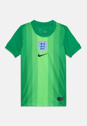 Maglia da calcio verde Nike con righe verticali, colletto rotondo e maniche corte. Presenta il crest dell'Inghilterra e il logo Nike nero.