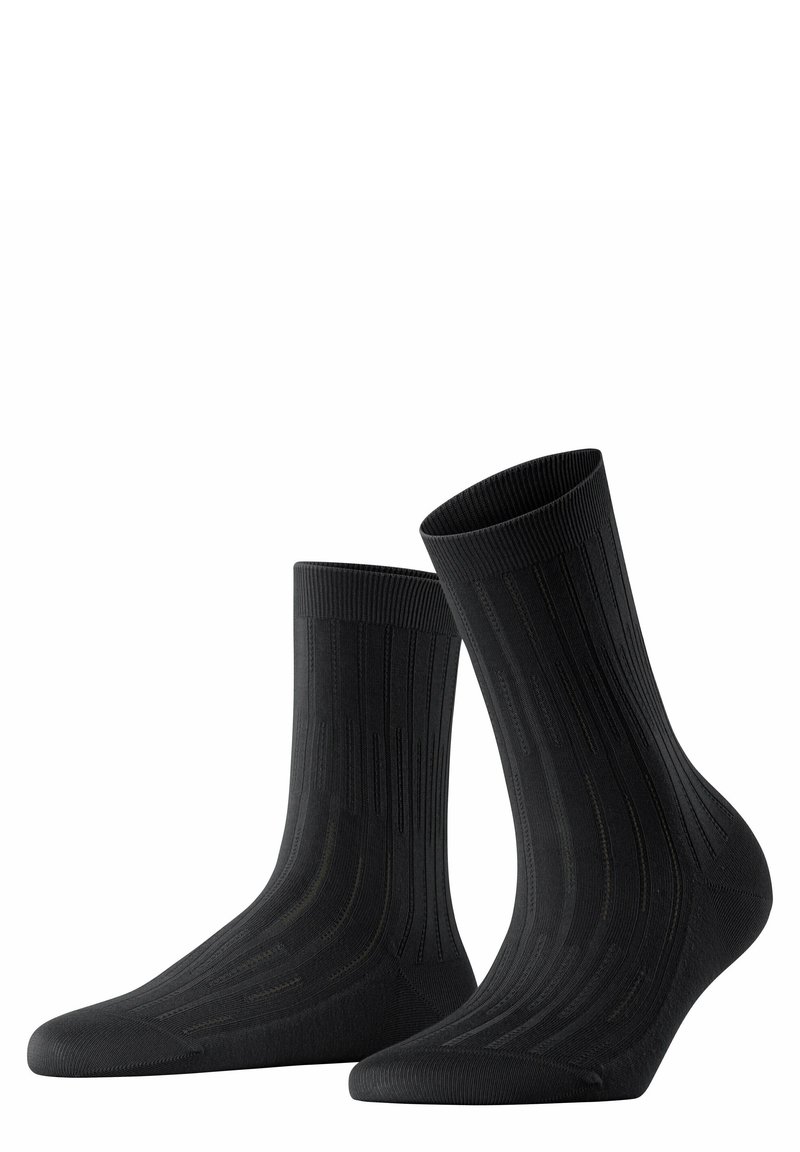 Schwarze Socken aus einem glatten, dehnbaren Stoff mit vertikalen Rippmustern und einer verstärkten Zehenpartie für erhöhte Haltbarkeit.