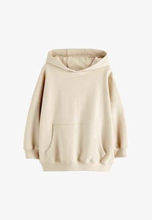 Felpa beige con cappuccio, tessuto morbido, vestibilità oversize, maniche lunghe, tasca frontale, polsini e orlo a coste, texture liscia.