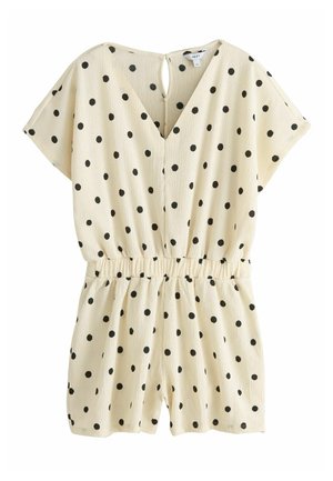 Salopetă scurtă crem cu mâneci scurte și buline negre, decolteu în V, talie elastică și închidere cu buclă și nasture la spate.
