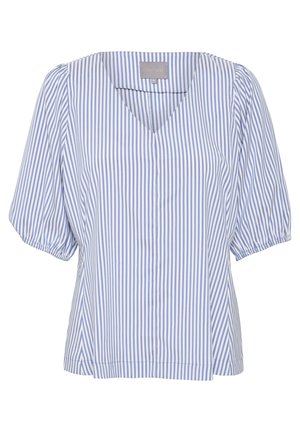 Blue and white striped short-sleeve blouse with a V-neck, featuring a loose fit, gathered sleeves, and a button-down front. Cotton material.