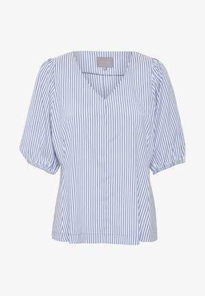 Blue and white striped short-sleeve blouse with a V-neck, featuring a loose fit, gathered sleeves, and a button-down front. Cotton material.