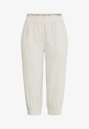 Lysebeige cropped bukser med elastisk, rynket talje og ankellukninger, lavet af blødt, let stof.