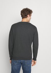 Felpa grigia scura con maniche lunghe, scollatura rotonda e orlo a costine. Il materiale sembra morbido, con un design casual adatto per l'uso quotidiano.