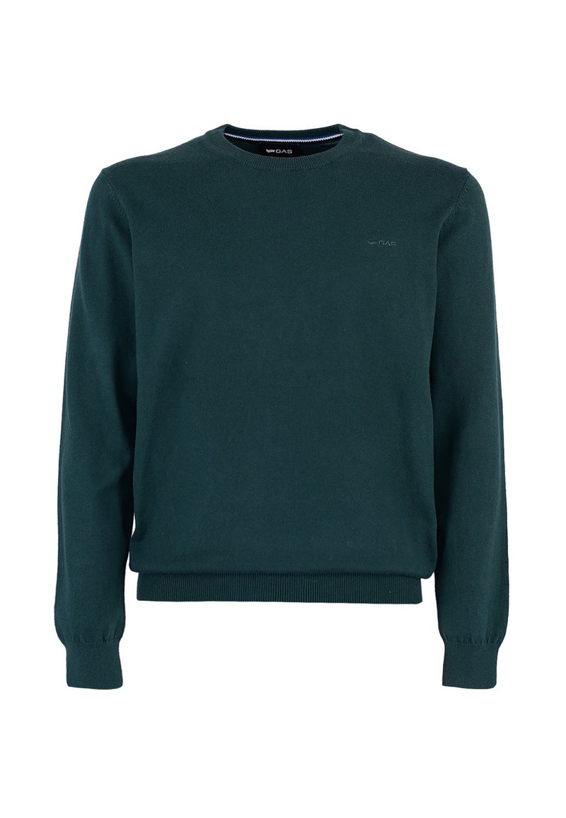 Maglione verde scuro a maniche lunghe realizzato in tessuto morbido e texture. Presenta un collo a giro, polsini a coste e un piccolo logo sul petto.