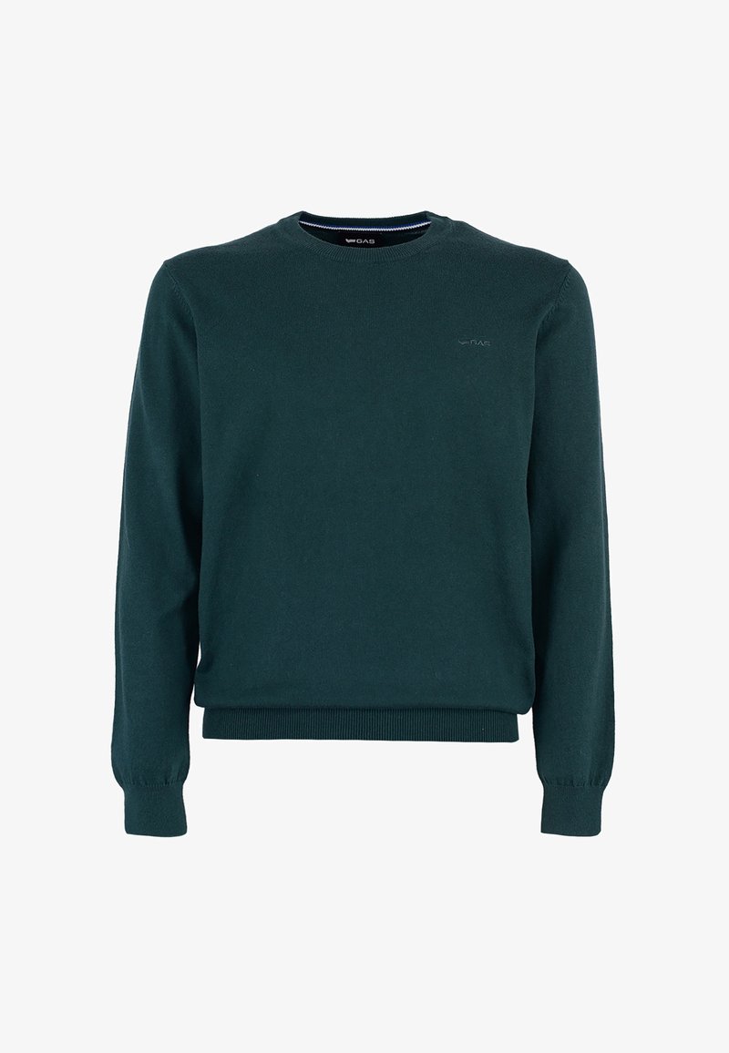 Donkergroene, lange mouwen sweater gemaakt van zachte, gestructureerde stof. Heeft een ronde halslijn, geribbelde manchetten en een klein logo op de borst.