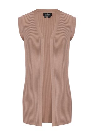 Bez rękawów, prążkowany sweter na guziki w jasnobrązowym kolorze z otwartym przodem i kołnierzem w kształcie litery V, rozmiar XS/S, metka z nazwą marki "usha".