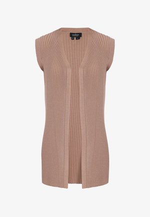 Ujjatlan bordázott kötött kardigán világosbarna színben, nyitott elülső résszel és V-nyakú gallérral, méret XS/S, címke az "usha" márkát mutatja.