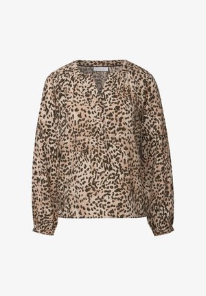 Blusa ampia beige con motivo leopardato. Caratterizzata da scollatura a V, chiusura con bottoni e maniche lunghe con polsini elasticizzati.