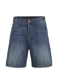 Denim shorts in dark blue with a faded finish, five-pocket design, front button closure, and contrast stitching.