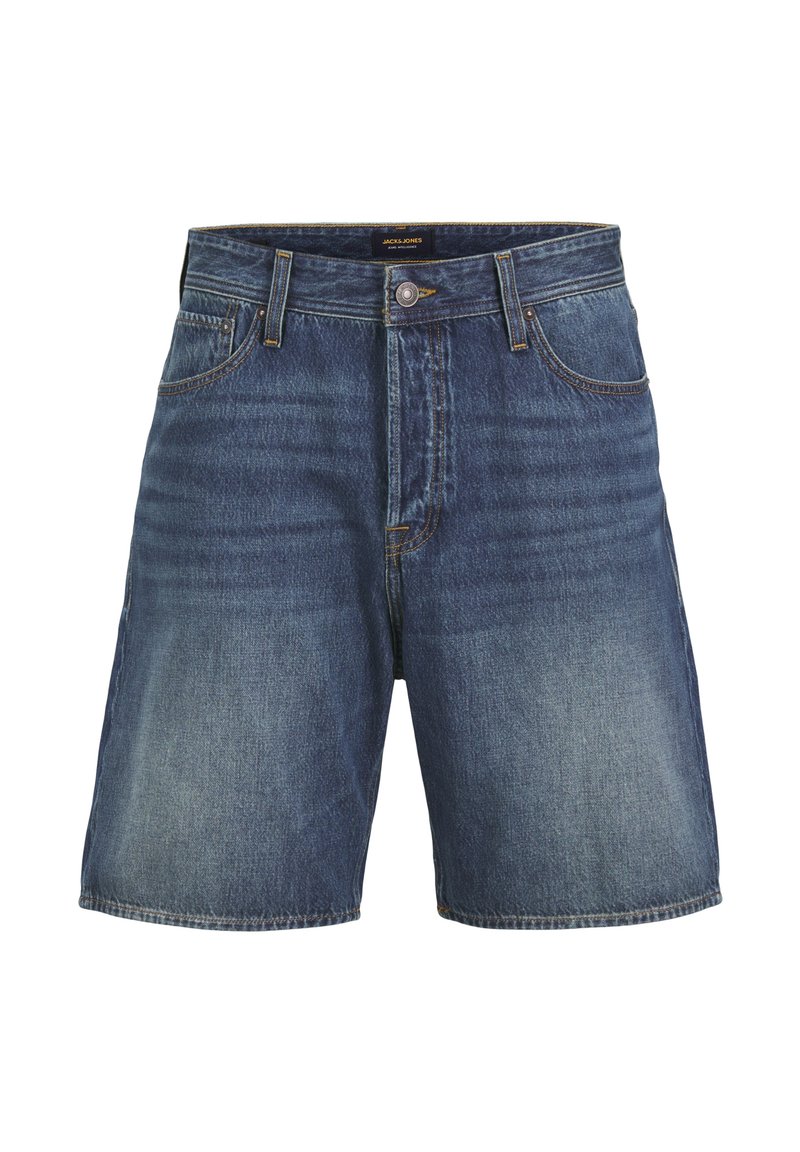 Denim shorts in dark blue with a faded finish, five-pocket design, front button closure, and contrast stitching.