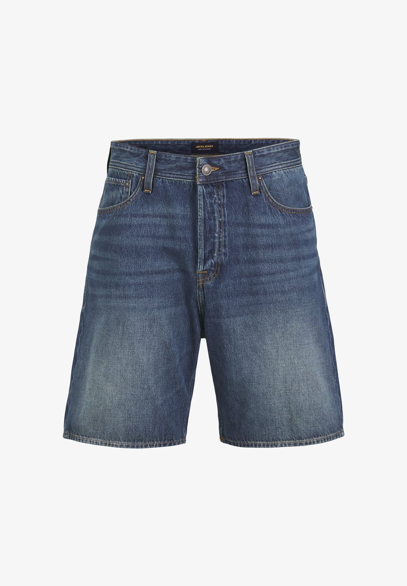 Donkerblauwe spijkershorts met een vervaagde afwerking, vijf-pocketontwerp, front sluiting met een knoop en contrasterende stiksels.