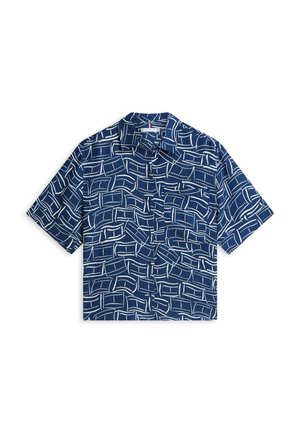 Short-sleeve button-up shirt in navy blue with white abstract rectangular line pattern and classic collar.